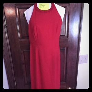 Red, floor length formal dress